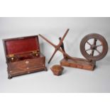 A Victorian tea caddy, part of a lace-maker's bobbin winder and a pin cushion (3)