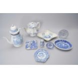 A collection of Victorian blue and white pottery