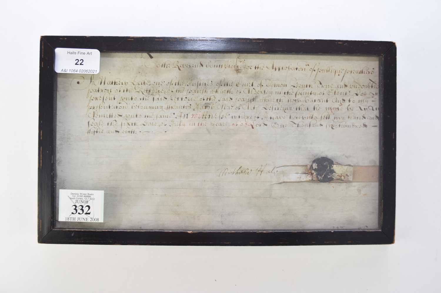 HALE, Matthew (1609-1676), English barrister, Document on vellum. Preacher's license relating to the