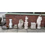 A group of five buff terracotta garden ornaments