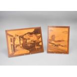 Four various marquetry landscape panels