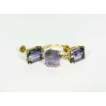 A 9ct gold amethyst set ring and earrings