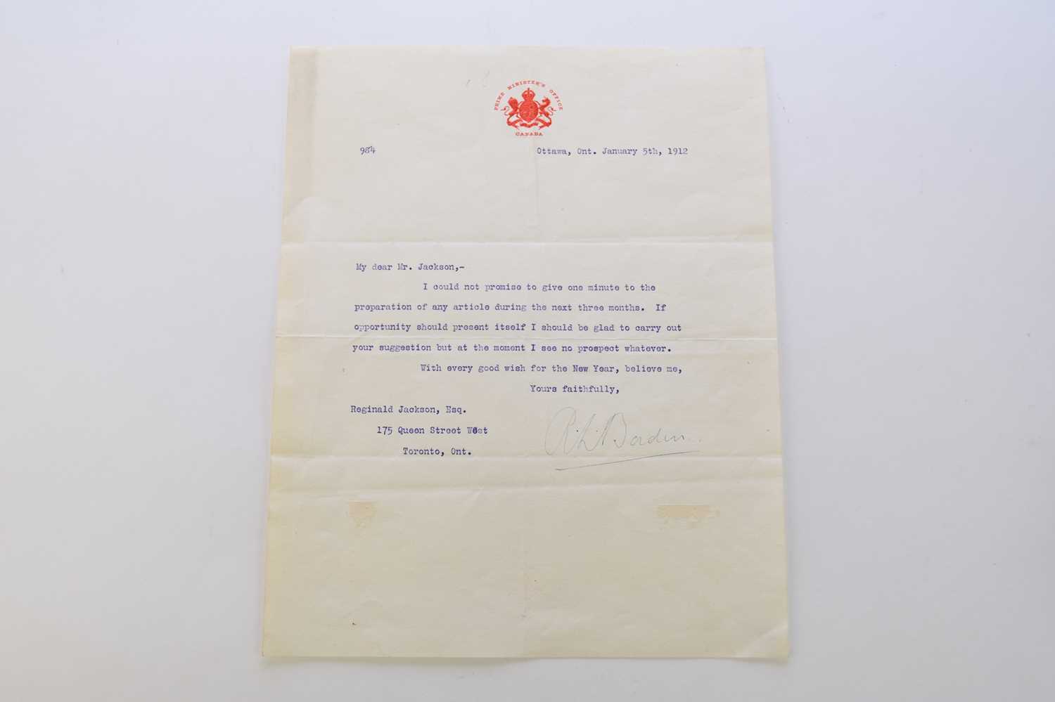 BORDEN, Sir Robert (1854-1937) Canadian Prime Minister 1911-17. Typed letter signed, dated 5th