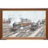 Bernard Jones (active circa 1996), two steam locomotives pulling out of a station, oil