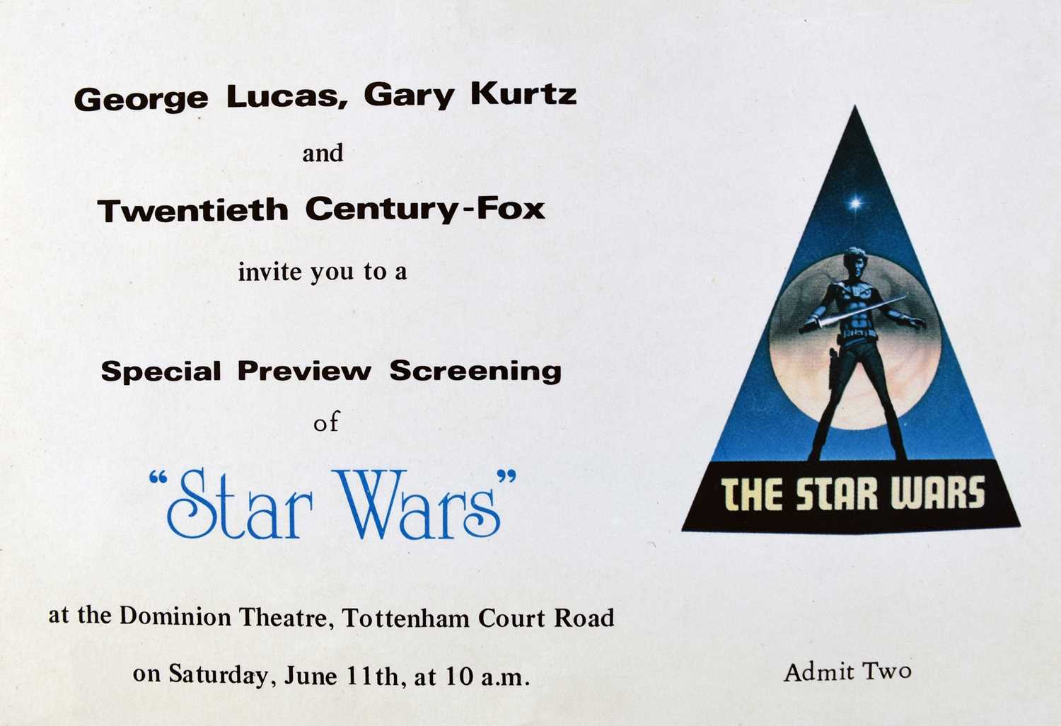 STAR WARS. A ticket for Star Wars Special Preview Screening on 11th June 1977. This was the first - Image 2 of 2