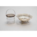 A George V silver pierced bowl and a silver topped preserve pot