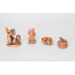 Two Japanese carved wood netsuke and two okimono