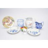 English pearlware jug and two plates, further English ceramics