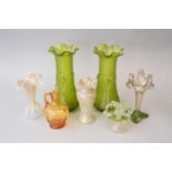 A group of glassware, comprising a pair of Kralik tadpole vases, 27cm high; a Loetz-style pale