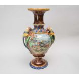 A large French or Belgian majolica style vase, late 19th century