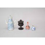 A Chinese blue and white water dropper and a small Imari vase