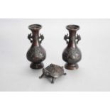 A pair of Japanese bronze vases and a bronze figure of a turtle