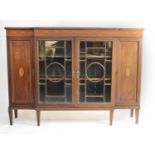 An Edwardian, inlaid breakfront bookcase/display cabinet