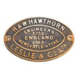 A cast brass R & W Hawthorn, Leslie & Co. locomotive number plate