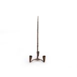 A wrought iron hanging three-branch candle holder