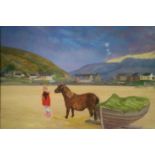 Denby Sweeting (1936-2020) Young Girl Walking Pony on the Beach, North Wales