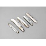 Four mother of pearl handled fruit knives, two with silver blades and an advertising knife 'The