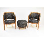 A pair of art deco giltwood tub chairs and a stool