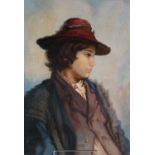 British School (19th Century) Portrait of a youth wearing a red hat and blue coat