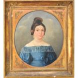 British School (19th Century) Oval Portrait of a Lady wearing blue dress and pearl earrings