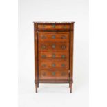 A French Louis XVI style inlaid satinwood marble-topped tallboy chest