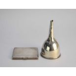 A silver wine funnel and a silver cigarette case