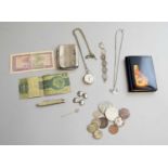 A small collection of silver, coins, jewellery and bijouterie