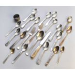 A set of five silver Fiddle pattern teaspoons and other assorted cutlery