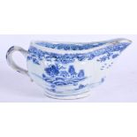 AN 18TH CENTURY CHINESE EXPORT BLUE AND WHITE PORCELAIN SAUCEBOAT Qianlong, painted with landscapes.