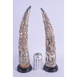 A VERY UNUSUAL PAIR OF 19TH CENTURY CONTINENTAL SILVER PLATED HORNS imitating elephant tusks, decora