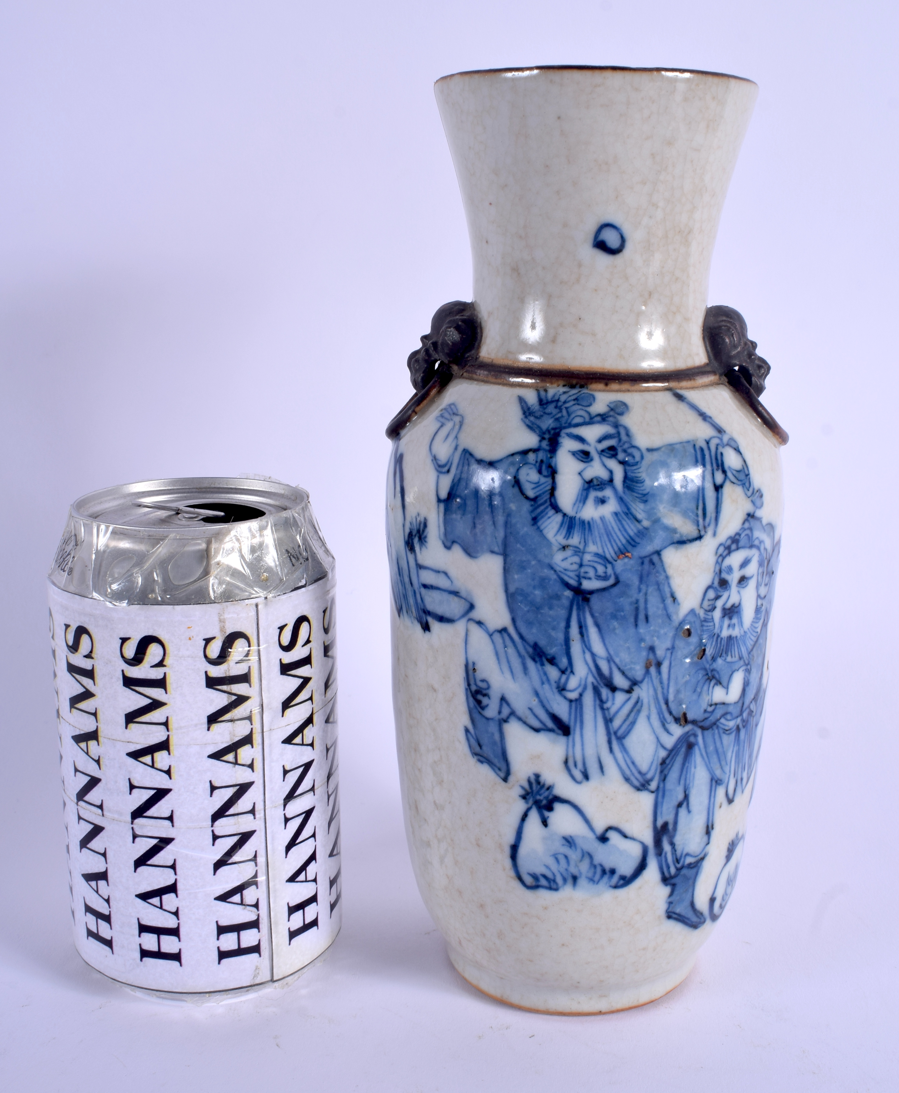 A 19TH CENTURY CHINESE BLUE AND WHITE CRACKLE GLAZED VASE Qing, painted with two figures dancing wit