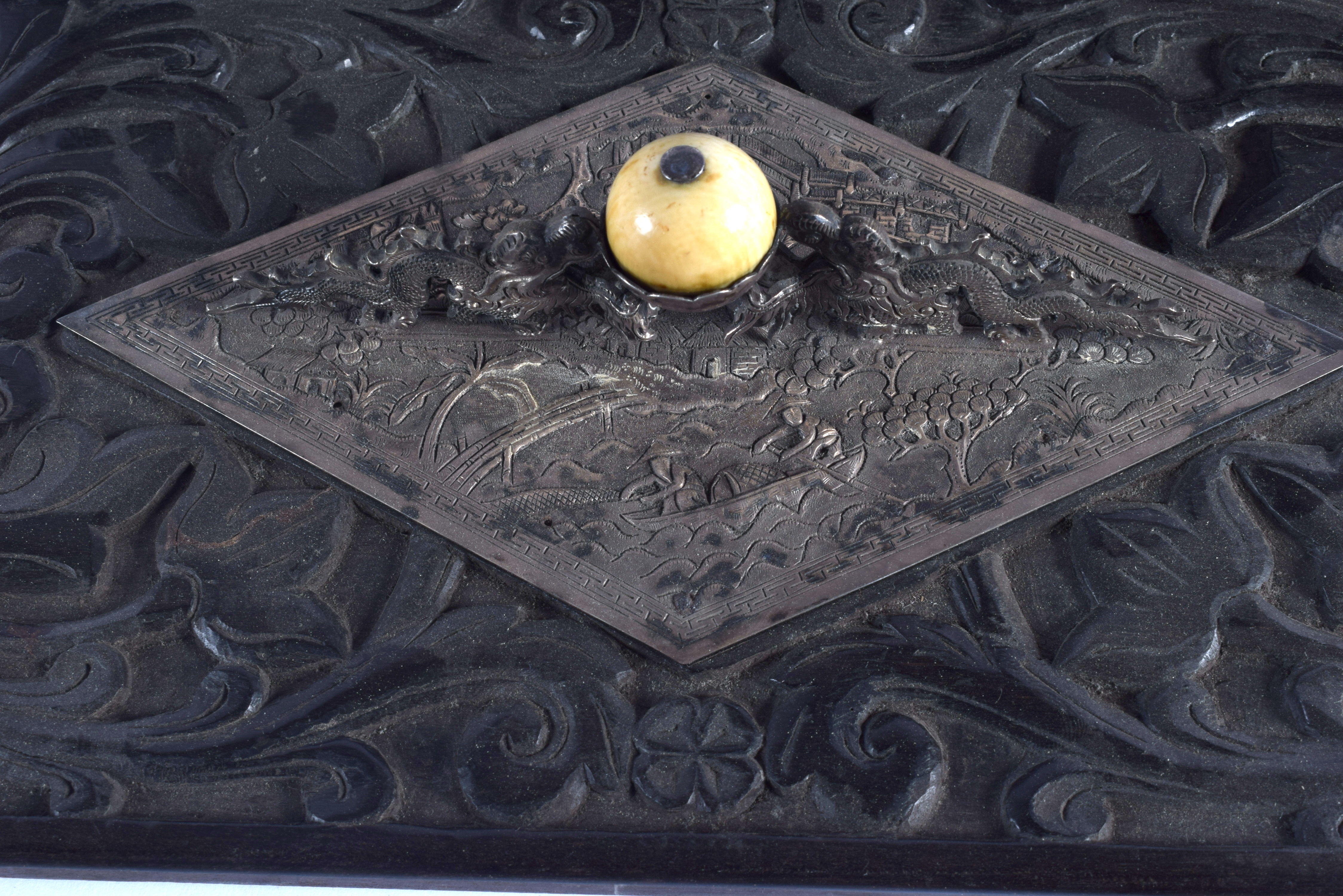 A 19TH CENTURY CHINESE EXPORT SILVER MOUNTED HONGMU BOX AND COVER Qing, decorated with flowers. 24 c - Image 4 of 7