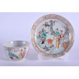 AN 18TH CENTURY CHINESE EXPORT FAMILLE ROSE TEABOWL AND SAUCER Qianlong, painted with figures in var