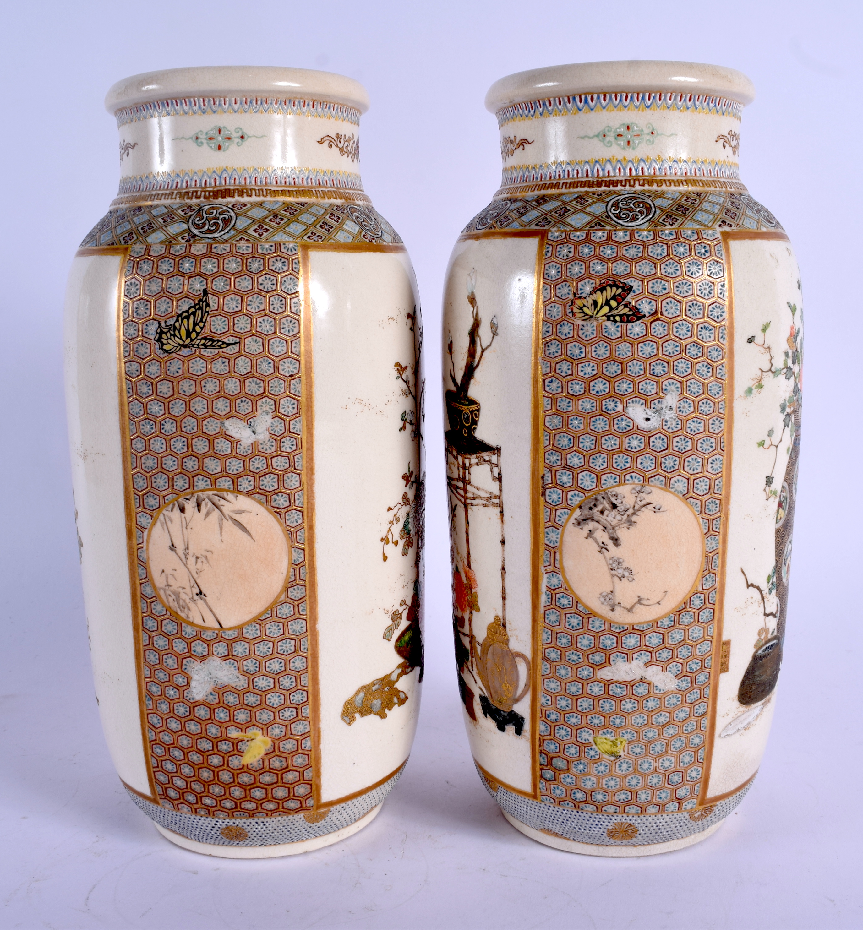 A PAIR OF 19TH CENTURY JAPANESE MEIJI PERIOD SATSUMA VASES painted with bonzai trees and high tables - Image 4 of 19