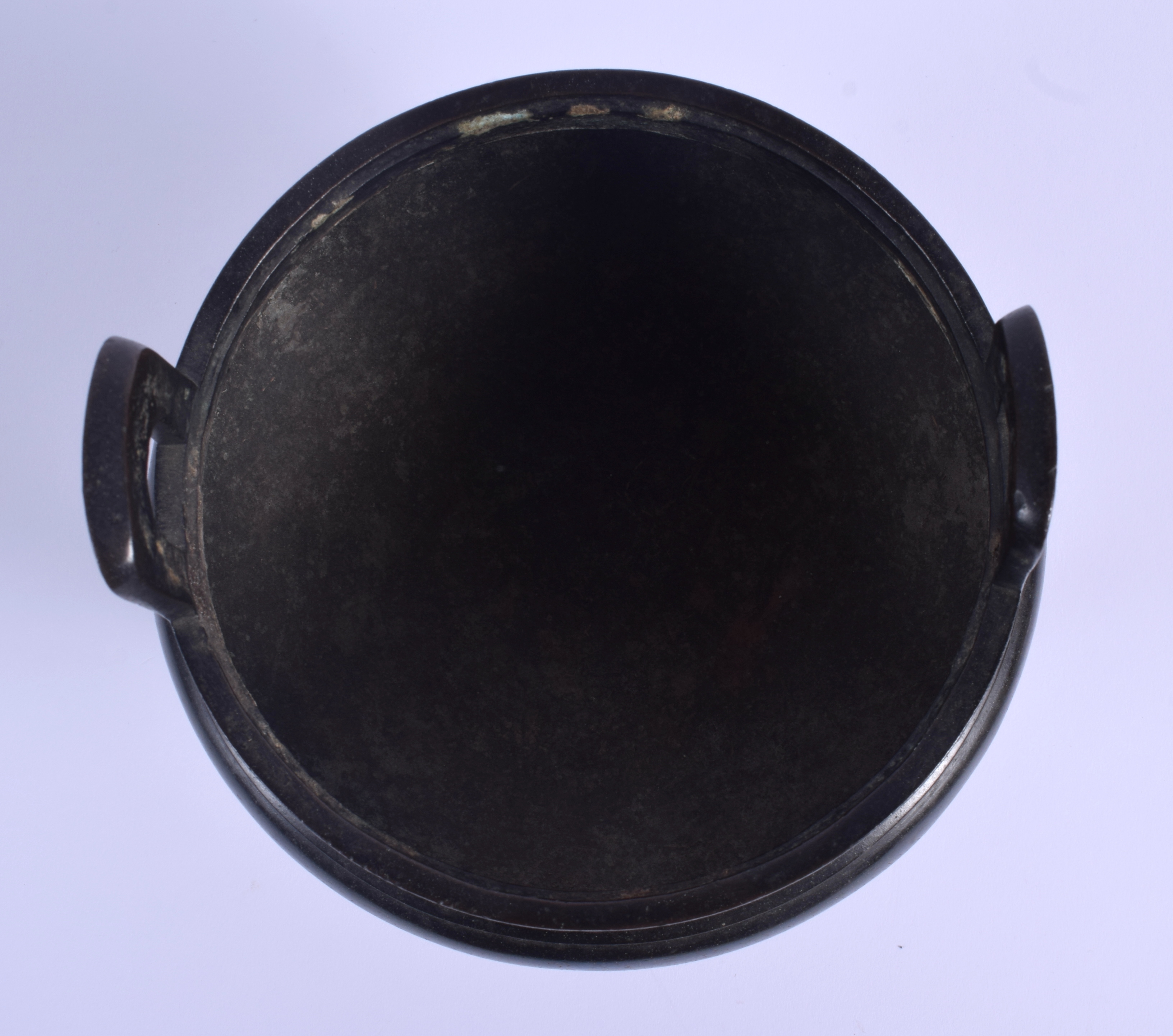 A 19TH CENTURY CHINESE TWIN HANDLED BRONZE CENSER Qing, bearing Xuande marks to base. 17 cm x 19 cm. - Image 5 of 7
