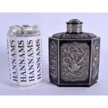 A RARE 19TH CENTURY CHINESE EXPORT SILVER TEA CADDY Late Qing, enamelled in black, the body decorate