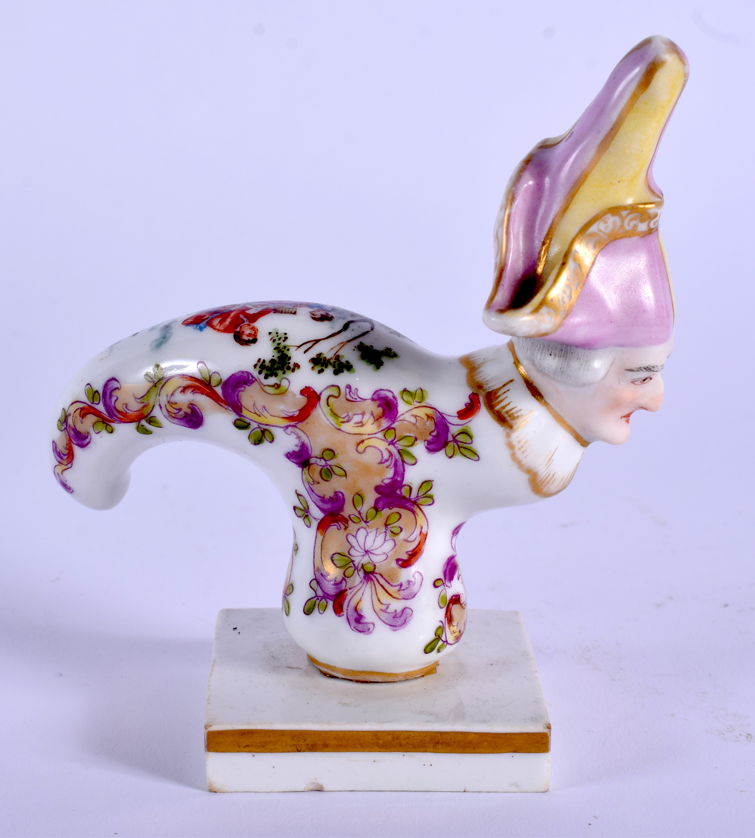 AN 18TH/19TH CENTURY CONTINENTAL PORCELAIN CANE HANDLE modelled in the Meissen style. 10 cm x 4.5 cm - Image 4 of 7