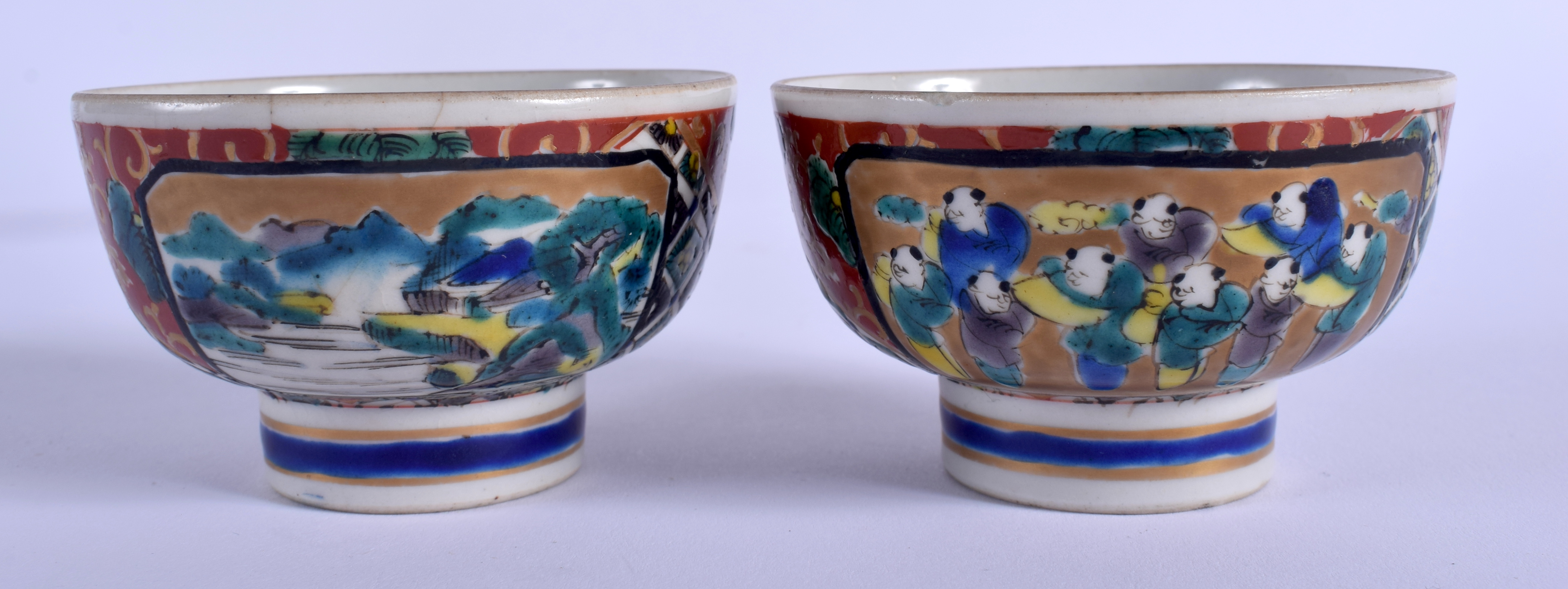 A PAIR OF 19TH CENTURY JAPANESE MEIJI PERIOD AO KUTANI TEABOWLS painted with figures and landscapes. - Image 4 of 6