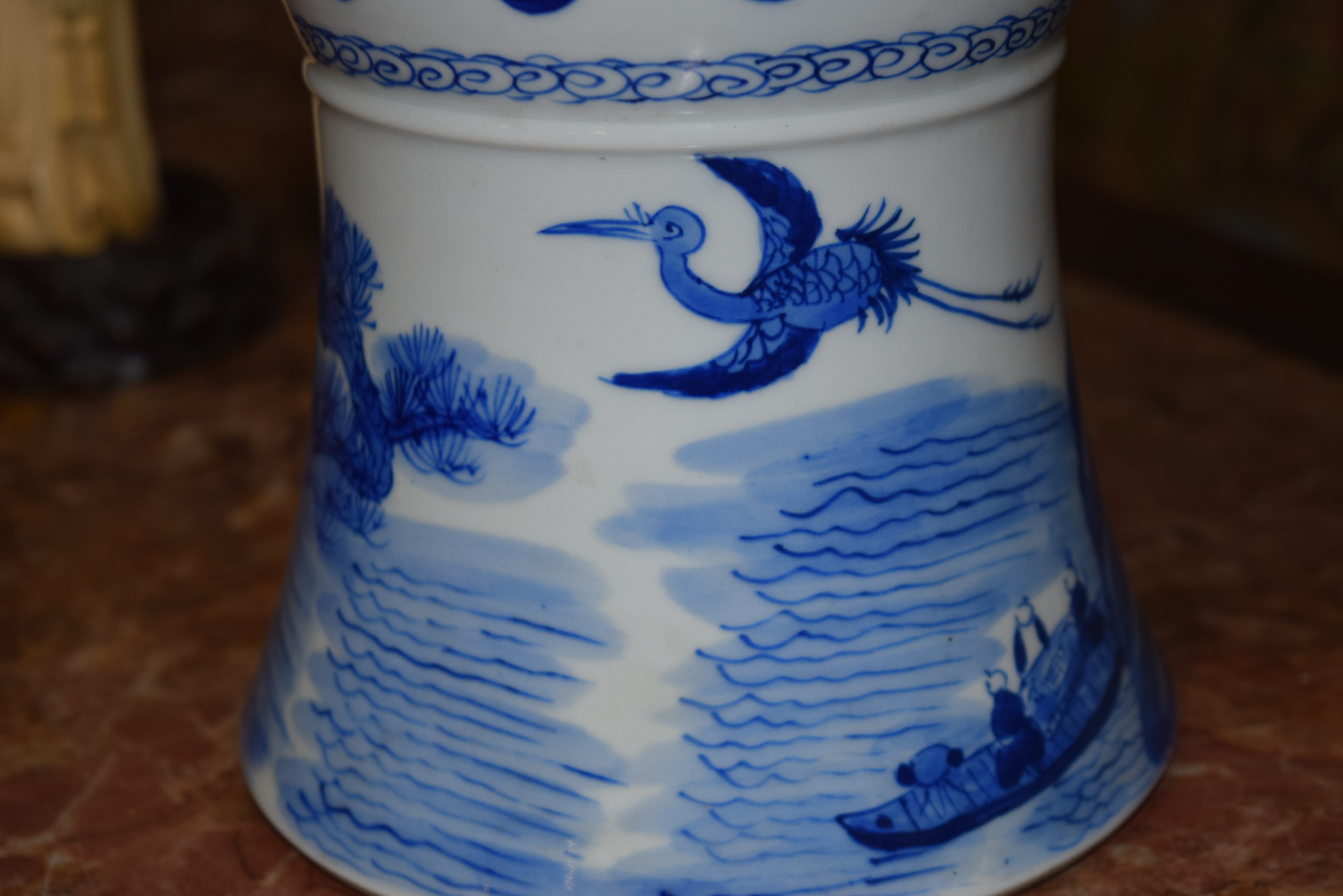 A LARGE CHINESE BLUE AND WHITE PORCELAIN GU SHAPED BEAKER VASE 20th Century, painted with birds, tre - Image 12 of 14