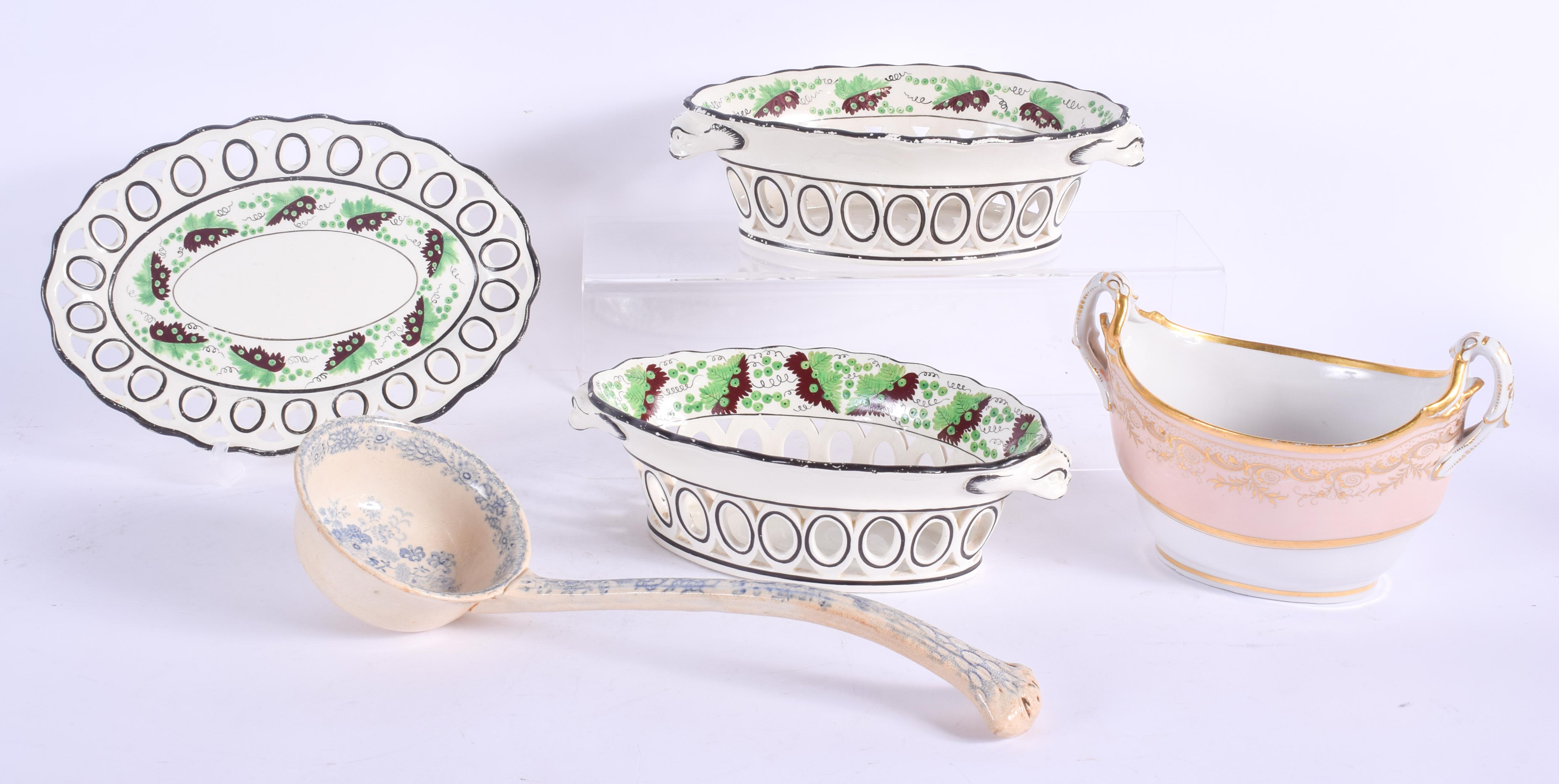 A LATE 18TH CENTURY SPODE CREAMWARE BASKET ON STAND C1790 together with another stand, a printed lad