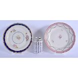 TWO 18TH CENTURY CHELSEA DERBY PORCELAIN PLATES one painted with blue, one painted with a pink borde