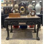 A LARGE 19TH CENTURY CHINESE HONGMU HARDWOOD MARBLE INSET CONSOLE TABLE Qing, with bold mask head su