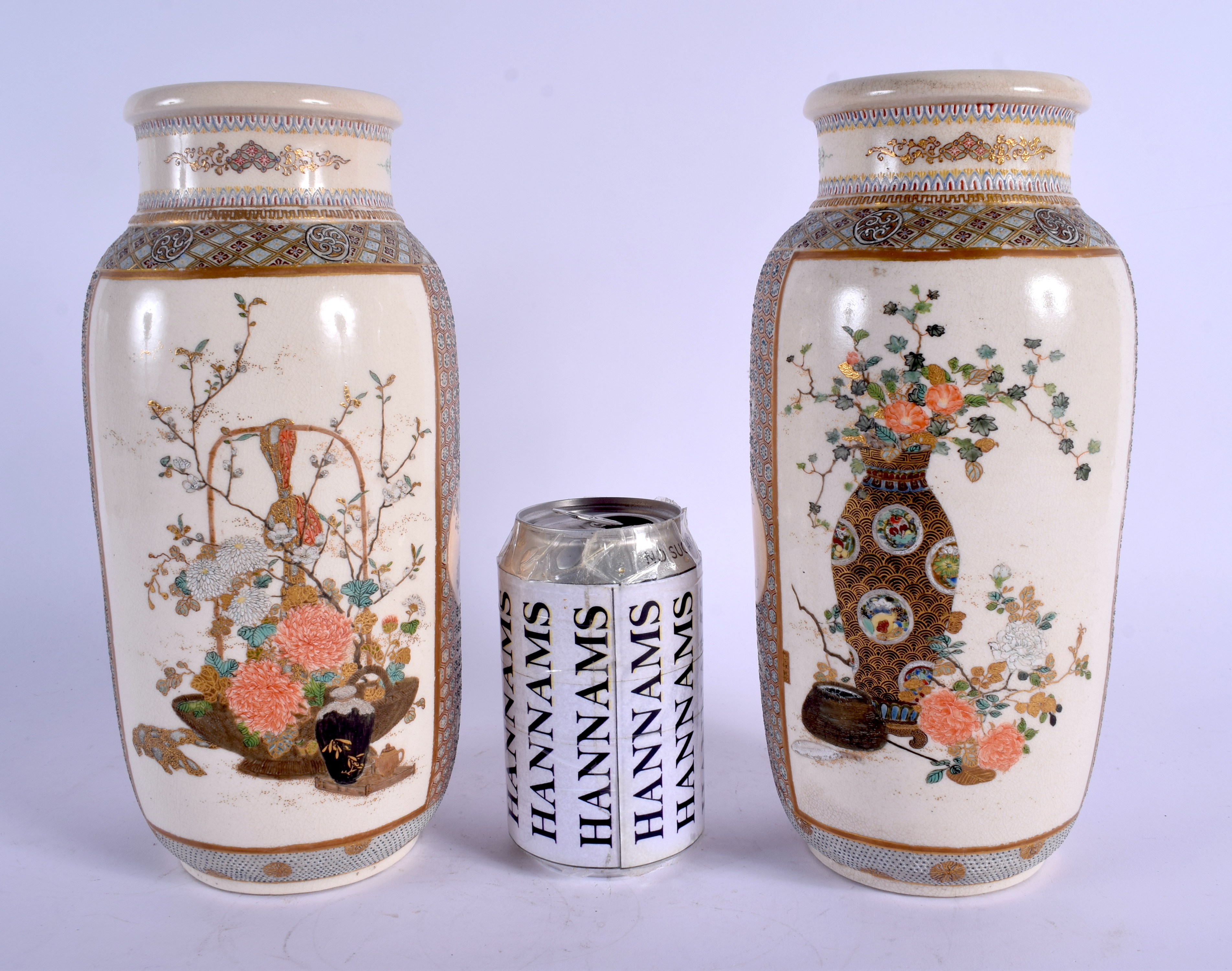 A PAIR OF 19TH CENTURY JAPANESE MEIJI PERIOD SATSUMA VASES painted with bonzai trees and high tables