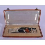 A RARE BOXED 19TH CENTURY PAINTED PERSIAN IVORY MINIATURE painted with figures hunting within landsc