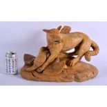 A RARE LARGE 19TH CENTURY ITALIAN GRAND TOUR CARVED SIENNA MARBLE FOX modelled resting over a fallen