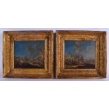 After Philips Wouwerman (1619-1668) Pair of Oil on canvas, Battle Scenes, Gilt frames. Image 20 cm x