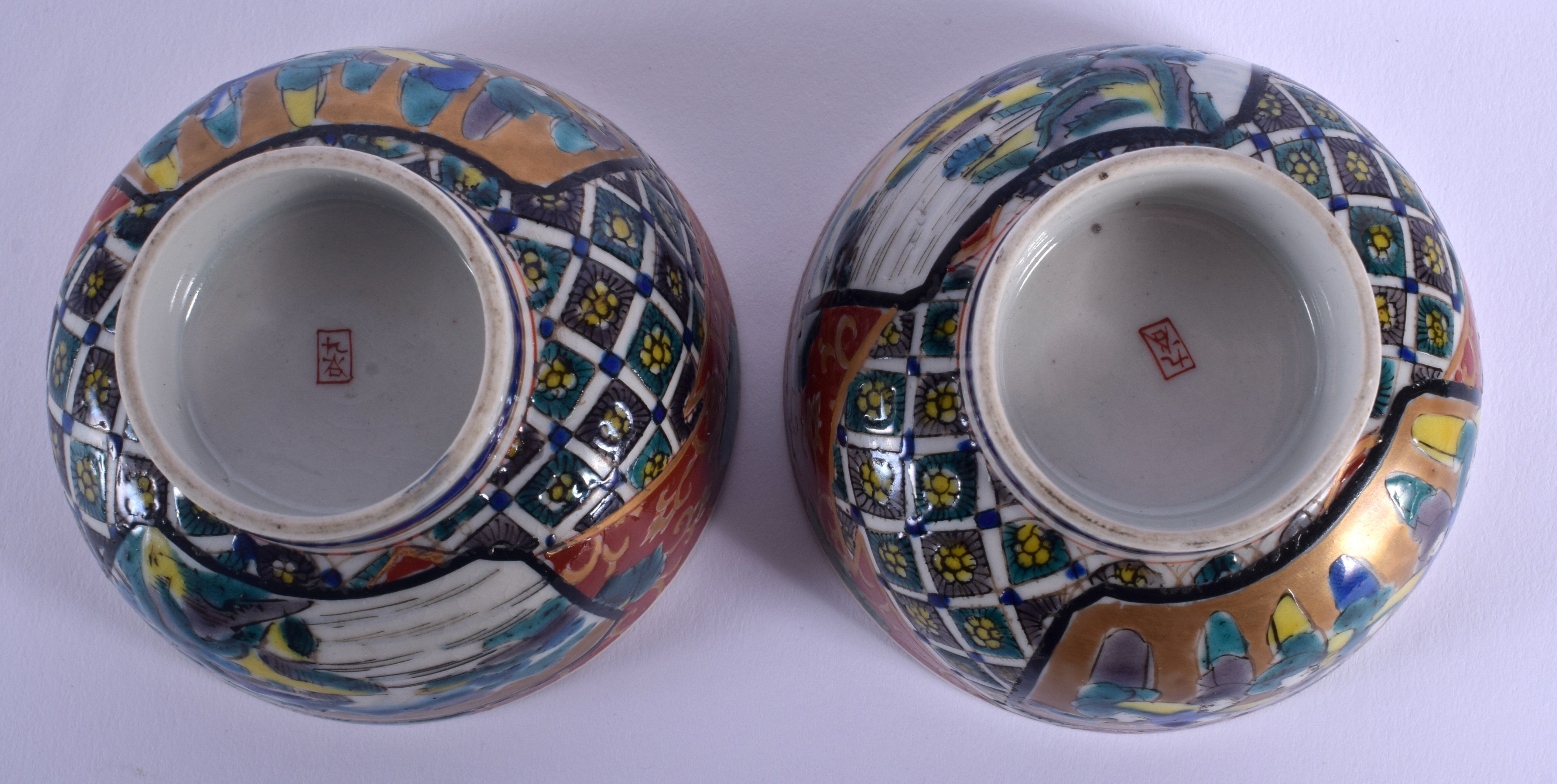 A PAIR OF 19TH CENTURY JAPANESE MEIJI PERIOD AO KUTANI TEABOWLS painted with figures and landscapes. - Image 6 of 6