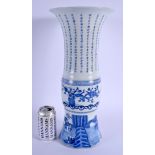 A LARGE CHINESE BLUE AND WHITE PORCELAIN GU SHAPED BEAKER VASE 20th Century, painted with birds, tre
