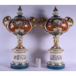 A VERY LARGE PAIR OF 19TH CENTURY FRENCH PARIS PORCELAIN HANDLED VASES possibly from an exhibition,