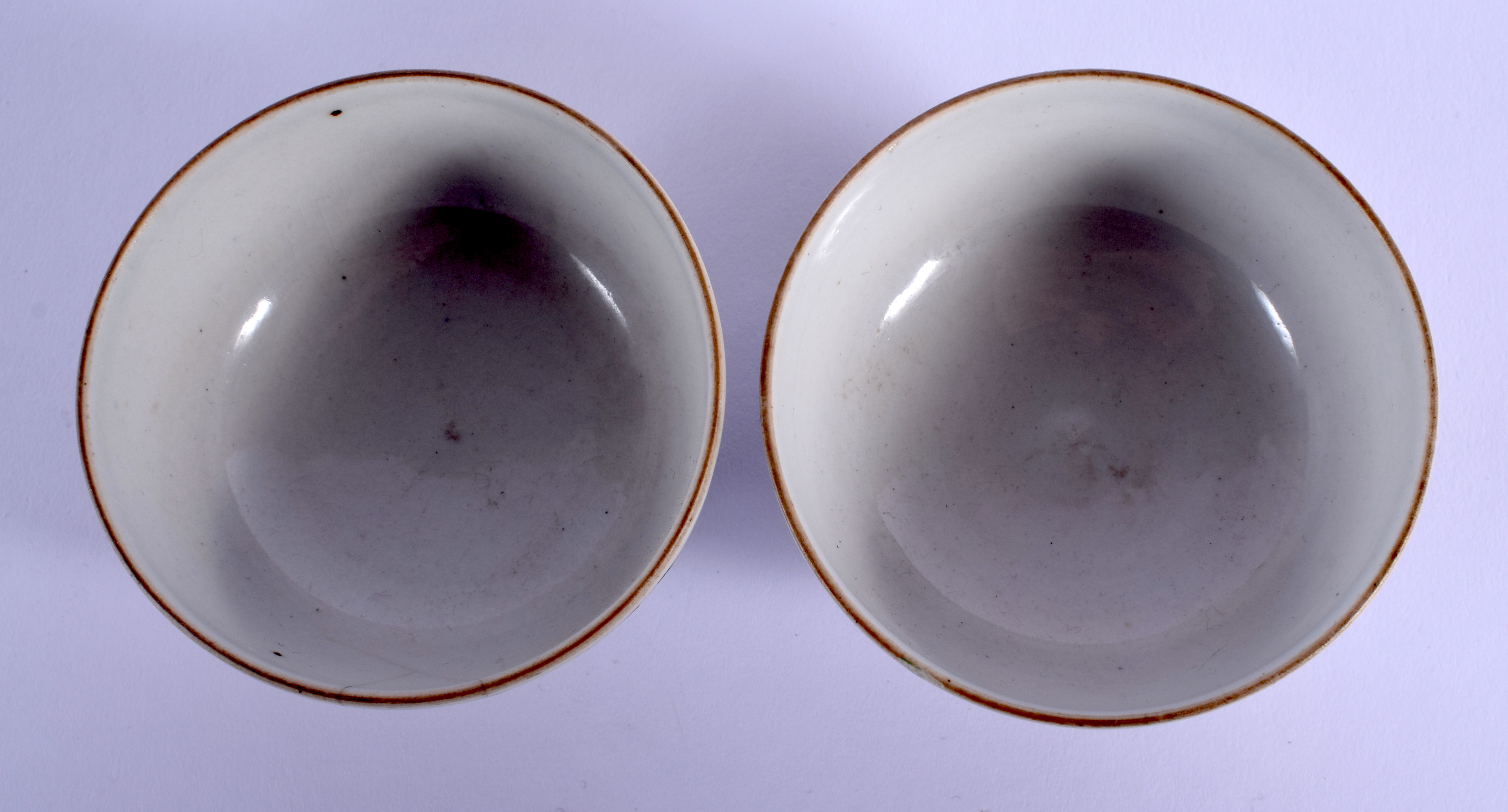 A PAIR OF 19TH CENTURY JAPANESE MEIJI PERIOD AO KUTANI TEABOWLS painted with figures and landscapes. - Image 5 of 6